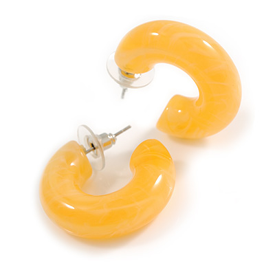 Small Acrylic Thick Half Hoop Earrings with Marble effect in Yellow/White Colours - 28mm Diameter