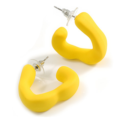 Medium Open Triangular Matte Bright Yellow Acrylic Hoop Earrings - 30mm Tall