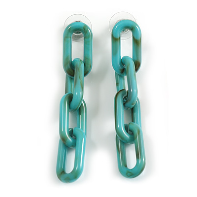 Lightweight Oval Acrylic Link Chain Dangle Earrings (Marble Effect in Teal/Brown) - 60mm Long