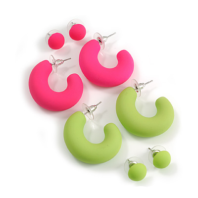 Set of Two Matte Acrylic Hoop and Button Earrings in Neon Pink/Lime Green Colours - 35mm Long/ 10mm Diameter