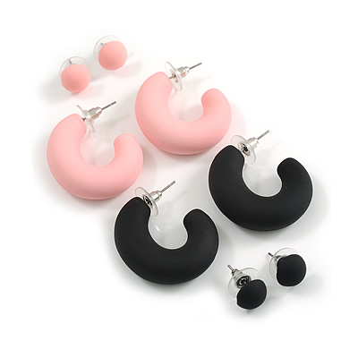 Set of Two Matte Acrylic Hoop and Button Earrings in Pastel Pink/Black Colours - 35mm Long/ 10mm Diameter