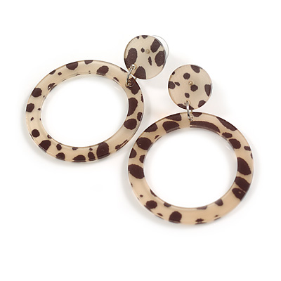 Medium Size Open Cut Acrylic Hoop Earrings with Animal Pattern (Light Beige/Black Colours) - 55mm Drop/40mm Diameter