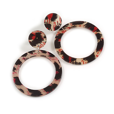 Medium Size Open Cut Acrylic Hoop Earrings with Animal Print (Magenta/Black/Light Grey Colours) - 55mm Drop/40mm Diameter