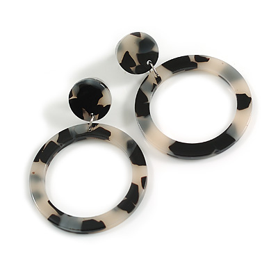 Medium Size Open Cut Acrylic Hoop Earrings with Animal Pattern (Milky White/Black Colours) - 55mm Drop/40mm Diameter