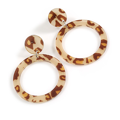 Medium Size Open Cut Acrylic Hoop Earrings with Animal Print (Brown Colours) - 55mm Drop/40mm Diameter