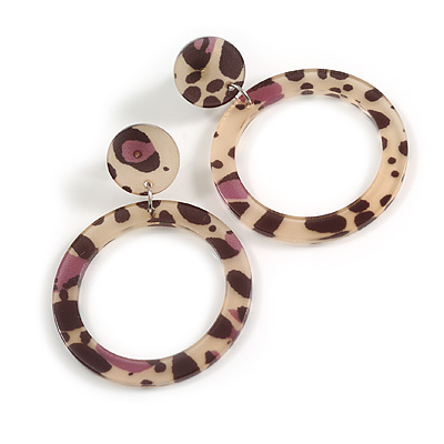 Medium Size Open Cut Acrylic Hoop Earrings with Animal Print (Beige/Black/Purple Colours) - 55mm Drop/40mm Diameter