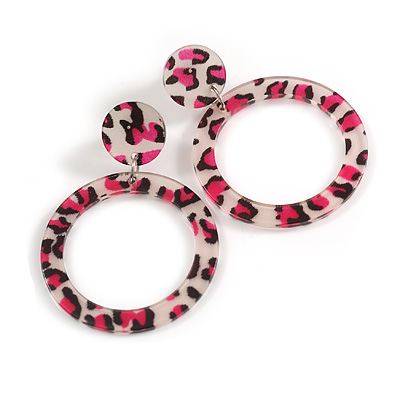 Medium Size Open Cut Acrylic Hoop Earrings with Animal Pattern (Magenta/Black/Transparent Colours) - 55mm Drop/40mm Diameter
