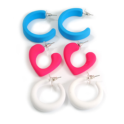 Sky Blue/White/Deep Pink Matte Acrylic Hoop Earrings - Set of 3 Pairs