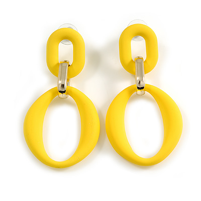 Long Double Oval Matte Acrylic Dangle Earrings in Bright Yellow Colour - 70mm Long