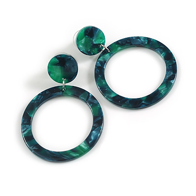 Medium Size Open Cut Acrylic Hoop Earrings with Blend of Green Colours - 55mm Drop/40mm Diameter
