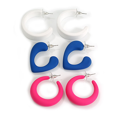 White/Blue/Deep Pink Matte Acrylic Hoop Earrings - Set of 3 Pairs