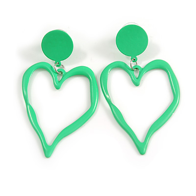 Neon Green Open Heart Metal Drop Earrings - 60mm Long