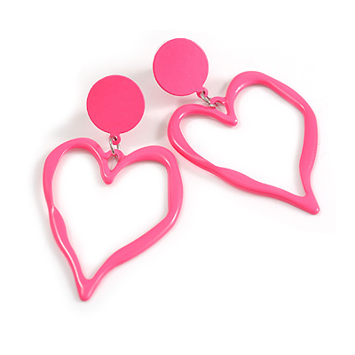 Neon Pink Open Heart Metal Drop Earrings - 60mm Long