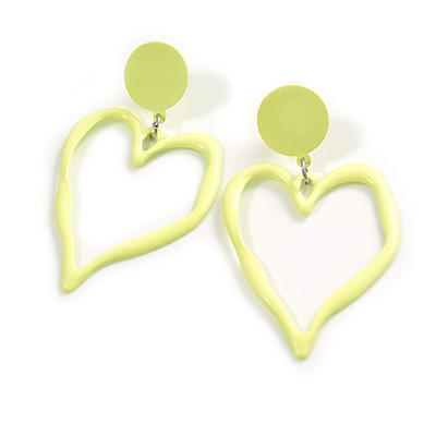 Neon Yellow Open Heart Metal Drop Earrings - 60mm Long