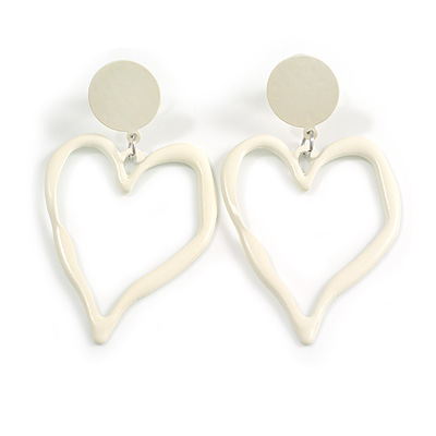 Off White Open Heart Metal Drop Earrings - 60mm Long