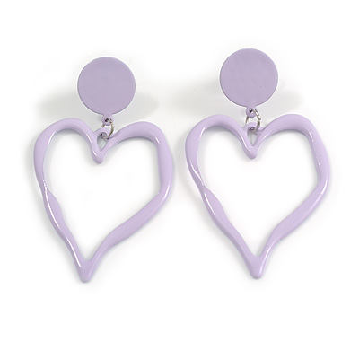 Lavender Open Heart Metal Drop Earrings - 60mm Long