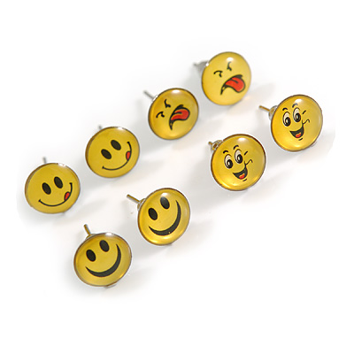 Happy Smiley Face - Set of 4 Stud Earrings - 8mm Diameter