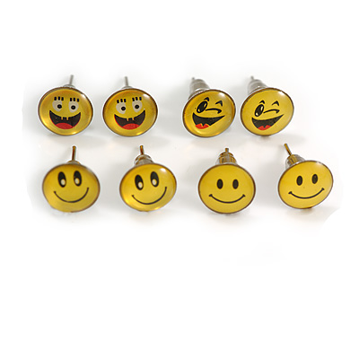 Smiley Faces - Set of 4 Stud Earrings - 8mm Diameter