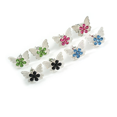 Small Lightweight Crystal Butterfly - Set of 4 Stud Earrings in Green/Fuchsia/Black/Light Blue Colours
