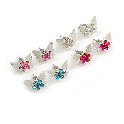 Small Lightweight Crystal Butterfly - Set of 4 Stud Earrings in Clear/Fuchsia/Pink/Light Blue Colours