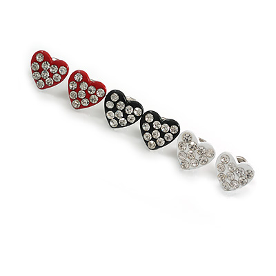 Crystal Heart Trio Stud Earrings - Set of 3 Pairs in Red/Black/White - 10mm Tall
