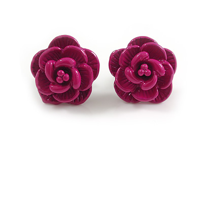 Small Vibrant Rose Stud Earrings in Magenta Pink - 12mm Diameter