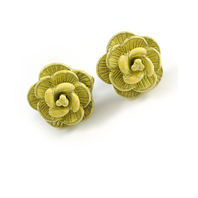 Small Lemon Yellow Enamel Rose Stud Earrings - 12mm Diameter