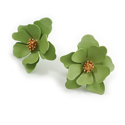 Matte Salad Green Layered Daisy Flower Stud Earrings - 25mm Across