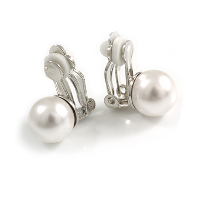 10mm White Faux Pearl Clip On Earrings in Silver Tone Setting - 18mm Tall