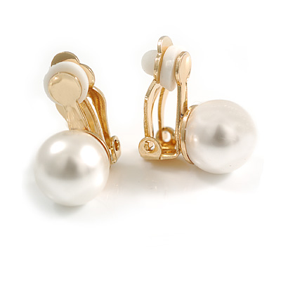 10mm White Faux Pearl Clip On Earrings in Gold Tone Setting - 18mm Tall