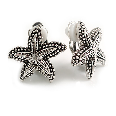 Ocean Breeze Starfish Clip On Earrings in Aged Silver Tone - 20mm Diameter