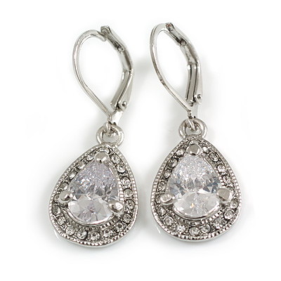 Crystal Cascade Teardrop Earrings in Silver Tone With Leverback Cloure - 30mm Total Drop