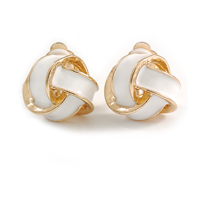 Enchanted White Enamel Knot Clip-On Earrings in Gold Tone - 17mm Tall