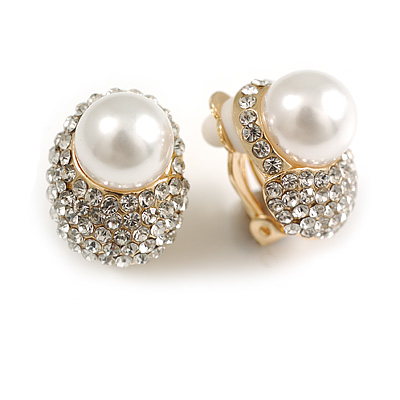 Simulated Pearl Radiance Oval Clip-On Earrings in Gold Tone - 18mm Tall