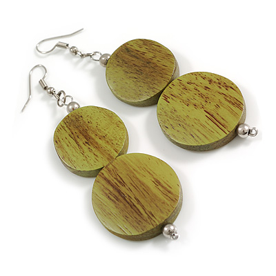Earthy Harmony Olive Green Double Bead Wooden Dangle Earrings – A Touch of Nature’s Beauty - 85mm Total Length