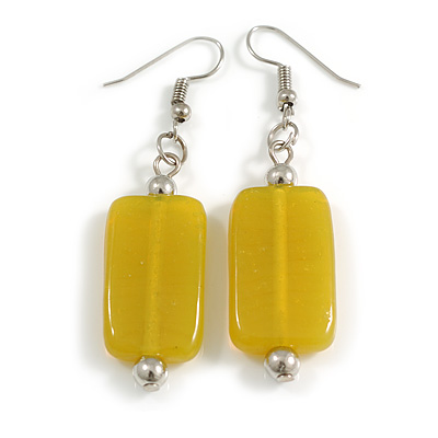 Golden Glow Lemon Yellow Rectangular Glass Bead Dangle Earrings – A Touch of Sunlight - 60mm Total Length