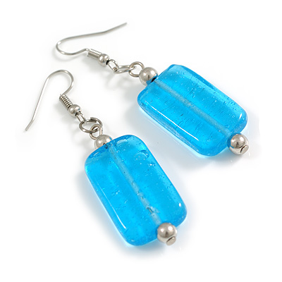 Azure Lagoon - Light Blue Rectangular Glass Bead Dangle Earrings Earrings – A Splash of Serenity - 60mm Total Length