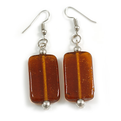 Amber Glow Brown Rectangular Glass Bead Dangle Earrings Earrings – Timeless Elegance in Every Drop - 60mm Total Length