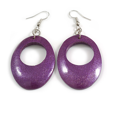 Midnight Amethyst: Glossy Purple Wooden Oval Dangle Earrings - 65mm Long