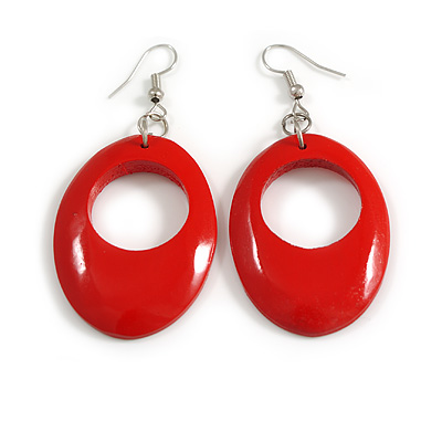 Scarlet Aura: Lightweight Red Wooden Oval Dangle Earrings - 65mm Long