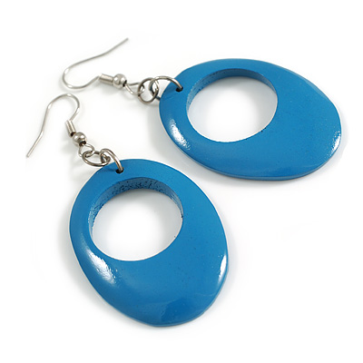 Azure Breeze: Glossy Blue Wooden Oval Dangle Earrings - 65mm Long