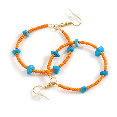 Vibrant Orange & Turquoise Beaded Hoop Earrings – Gold Tone – 75mm Drop