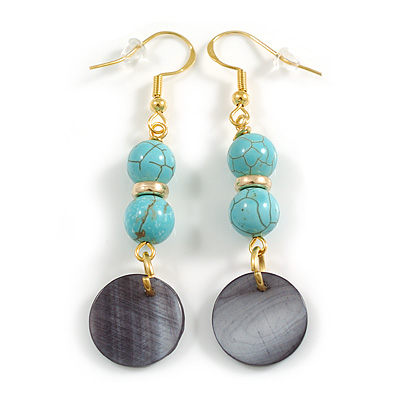 Turquoise Gemstone & Grey Shell Disc Dangle Earrings with Gold Tone Accents and 925 Sterling Silver Hooks – 55mm Drop