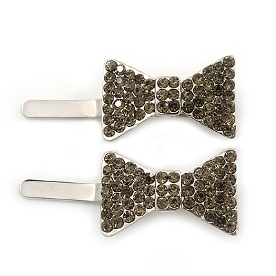 Pair Of Light Grey Pave Set Swarovski Crystal 'Bow' Magnetic Hair Slides In Rhodium Plating - 40mm Length