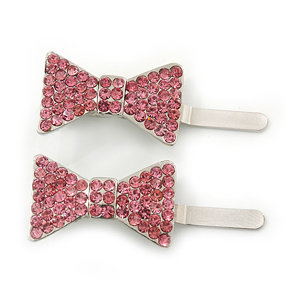 Pair Of Pink Pave Set Swarovski Crystal 'Bow' Magnetic Hair Slides In Rhodium Plating - 40mm Length