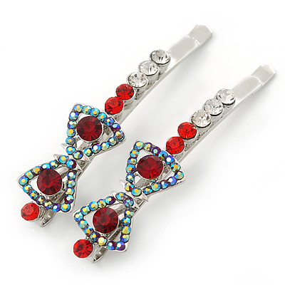 Pair Of Red/ AB Swarovski Crystal 'Bow' Hair Slides In Rhodium Plating - 60mm Length