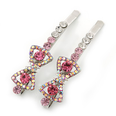 Pair Of Clear/Pink/ AB Swarovski Crystal 'Bow' Hair Slides In Rhodium Plating - 60mm Length