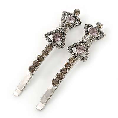 Pair Of Dim Grey Swarovski Crystal 'Bow' Hair Slides In Rhodium Plating - 60mm Length