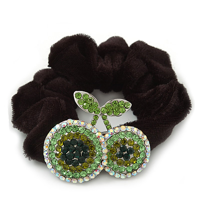 Rhodium Plated Swarovski Crystal 'Double Cherry' Pony Tail Black Hair Scrunchie - AB/ Green