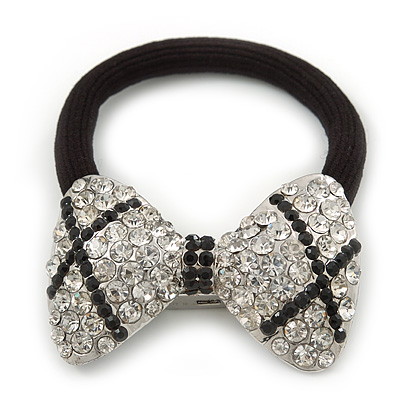 Medium Rhodium Plated Clear/Black Crystal Bow Pony Tail Hair Elastic/Bobble